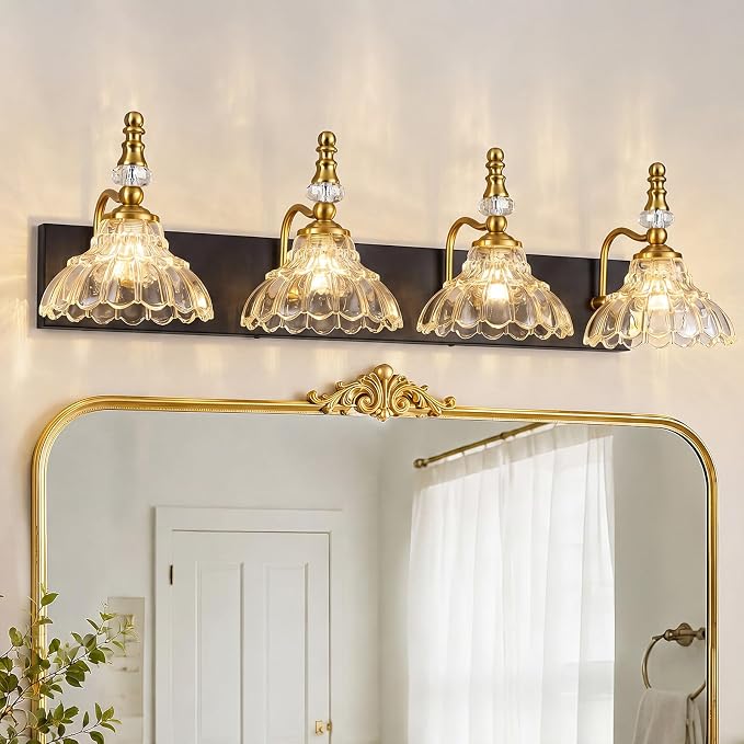 Vintage Bathroom Vanity Light, 4-Light Black Gold Vanity Lighting Fixture with Flower Glass Shade, Bathroom Lighting Fixtures Over Mirror