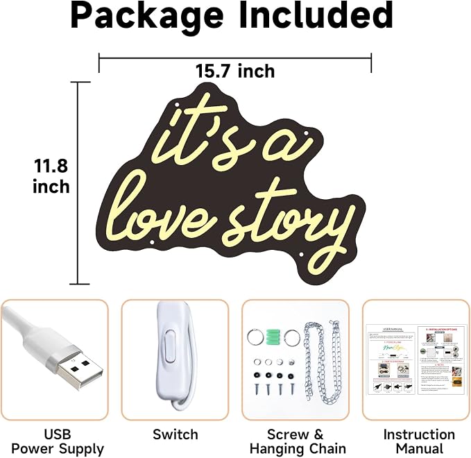 Its a Love Story Neon Sign, Warm White USB Led Light Up Signs for Bedroom Aesthetic Birthday Wedding Party Gift Boyfriend Girlfriend Lover Women Men Room Bathroom Decoration Gift, 15.7 x 11.8 Inch