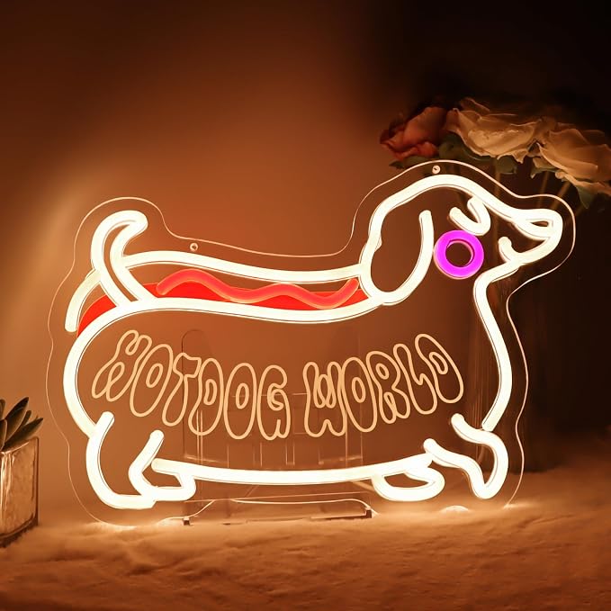 Hot dog World Neon Sign, LED Dog Neon Light | Funny Dachshund Design, Hanging Sign, Kids Room Bedroom Kitchen Cafe Restaurant Wall Decor