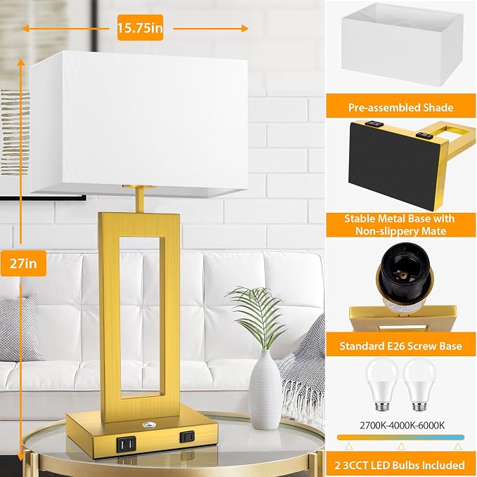 Table Lamps for Bedrooms Set of 2, 27.2’’ Super Tall Modern Gold Lamps for Living Room Nightstand End Tables, Button Touch Control Bedside Lamps with 2 USB Ports, 3 Color Temp. E26 Bulbs Included