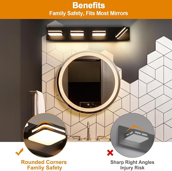 Torondo 360° Rotate LED Bathroom Vanity Light Fixtures, Acrylic Vanity Lights for Bathroom, Modern Wall Lighting Fixtures Over Mirror Living, Matte Black, Warm White, 4-Light, 27-Inch