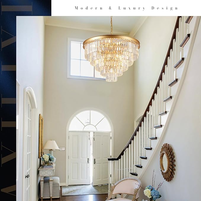 Large Crystal Chandeliers 30’’ Modern Gold Round Chandeliers for High Ceiling K9 5-Tier Large Ceiling Chandelier Light Fixtures Luxury Chandelier for Staircase Foyer Living Room