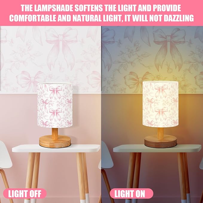 Flora Bow Kids Table Lamp for Bedroom Kids Bedside Lamp with Linen Wooden Nightstand Cartoon Nursery Lampshade for Girls Boys Living Room