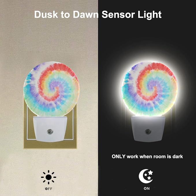 EKOBLA Tie Dye Night Light, Rainbow Spiral Colorful Night Lights Plug Into Wall with Auto Sensor for Bedroom and Bathroom