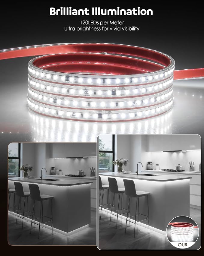 Aclorol 5M Outdoor Led Strip Lights Waterproof AC 110V-130V Flexible LED Rope Lights Outdoor Cool White 6000K Cuttable LED Lights String for Garden Patio Indoor Decorative Lighting 120LEDs/M 16.4FT