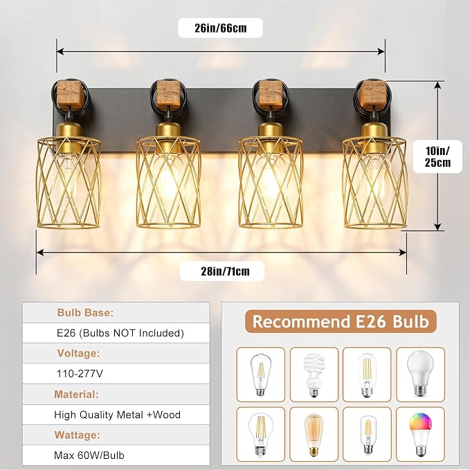 IZORRO Farmhouse Bathroom Vanity Light, 4-Light Wood Bathroom Light Fixtures Over Mirror, Black and Gold Industrial Vanity Lights with Metal Shade, Rustic Restroom Lighting Fixtures