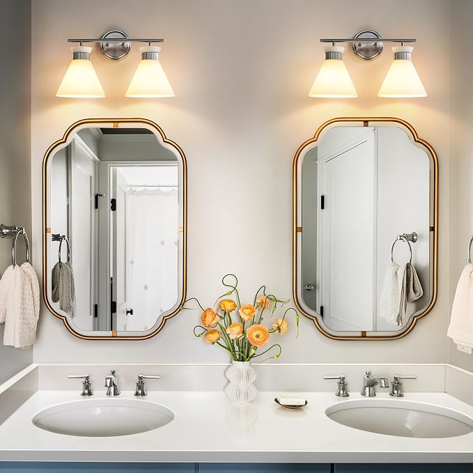 WOSHITU Bathroom Vanity Light Fixtures - Brushed Nickel Bathroom Lighting Fixtures Over Mirror 2-Lights with Modern Milky White Frosted Glass Shade, Mid Century Wall Light 17.3in (Exclude E26 Bulb)