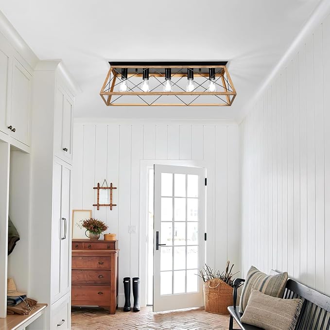 31.5" Flush Mount Ceiling Light Fixture, 5-Light Vintage Industrial Cage Chandelier for Dining Room, Kitchen Island, Living Room, Dimmable Semi Flush Mount Close to Ceiling Lighting, Walnut Finish
