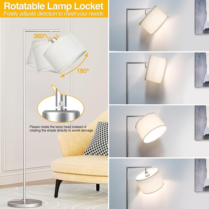 63" Silver Floor Lamp for Living Room, Modern Standing Lamp, 1 Pack | 3 Color Temperatures, Adjustable Beige Linen Lampshade, For Living Room Bedroom Office Classroom Dorm, 9W LED Bulb Included