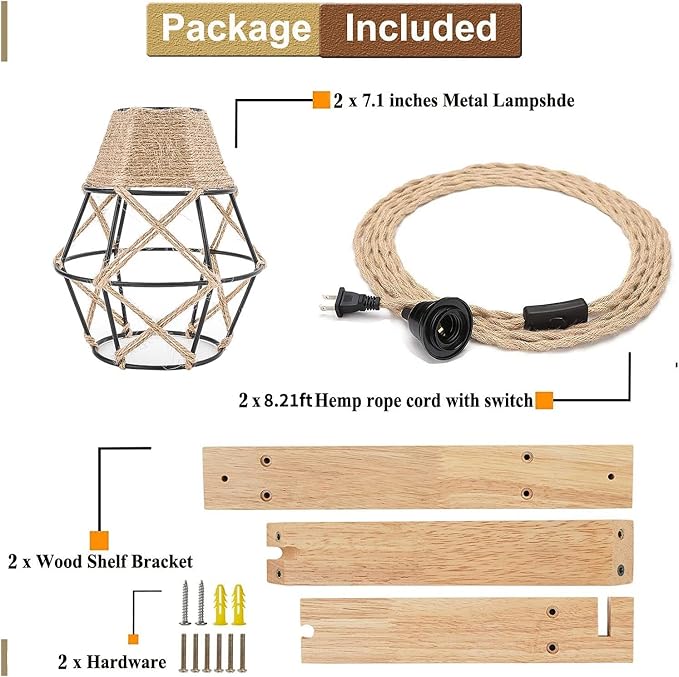 Frideko Plug in Wall Sconce Set of Two,Boho Farmhouse Hanging Wall Lamp with Plug in Cord, Wall Light with Wood Shelf Bracket for Bedroom Living Room Apartment RV Camper(Orange 2pcs)