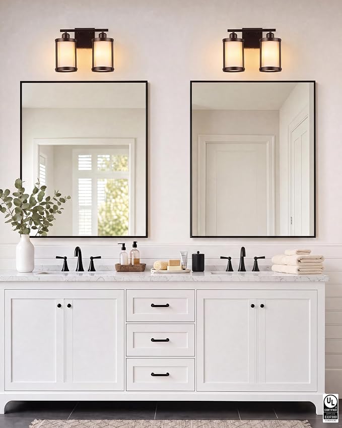 2-Light Oil Rubbed Bronze Bathroom Light Fixtures Over Mirror with Frosted Milk Glass and Metal Cage Shade, 13.2" UL-Listed Modern Farmhouse Wall Sconce for Bath, Hardwire E26, OS-3014ORBW-2W