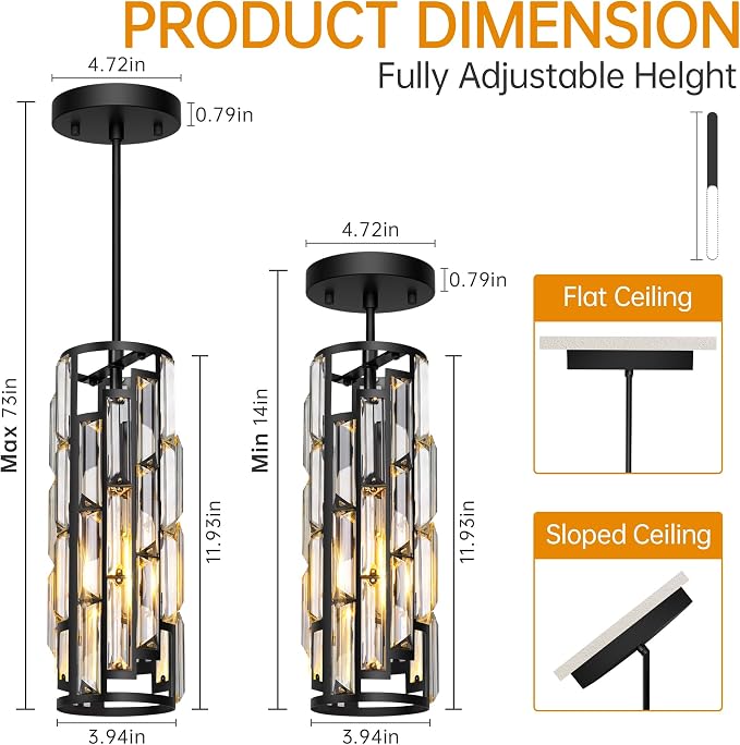 Black Pendant Lights Kitchen Island 3 Pack, Mini Crystal Chandeliers, Modern Pendant Lights Ceiling Lighting Fixtures for Kitchen Island, Dinning Room, Bedroom