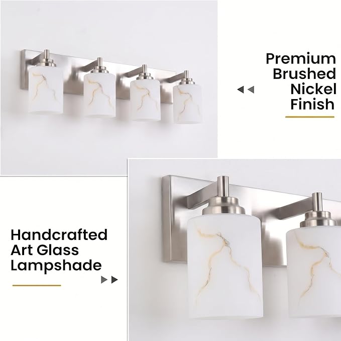 4-Light Bathroom Light Fixture, Brushed Nickel Modern Vanity Light with White Marble Glass Shade, for Bathroom Mirror, Living Room, Bedroom, Hallway, E26 Base, Extended Base