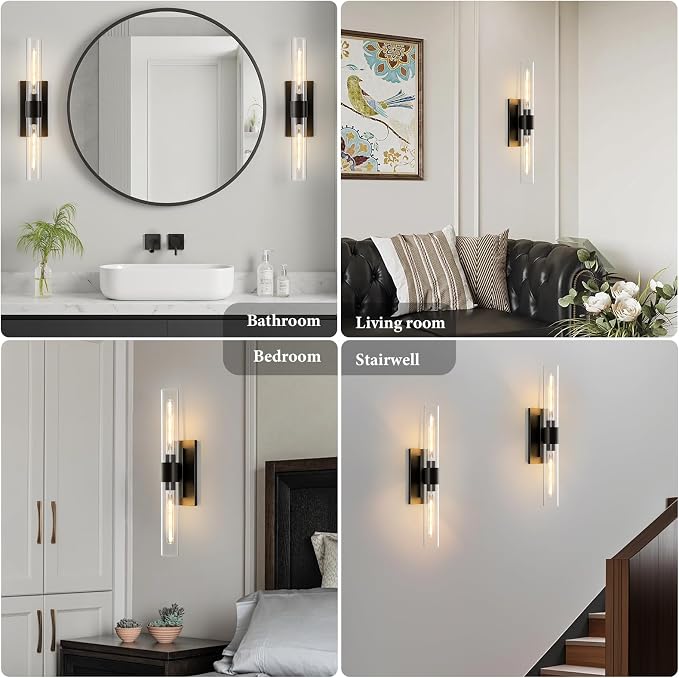 Black Brass Bathroom Wall Sconce: Modern Linear Dimmable Lighting Fixtures | Clear Glass Tube Light, Vertical or Horizontal Mounted Vanity Sconces for Indoor Living Room Hallway Bedroom Decor