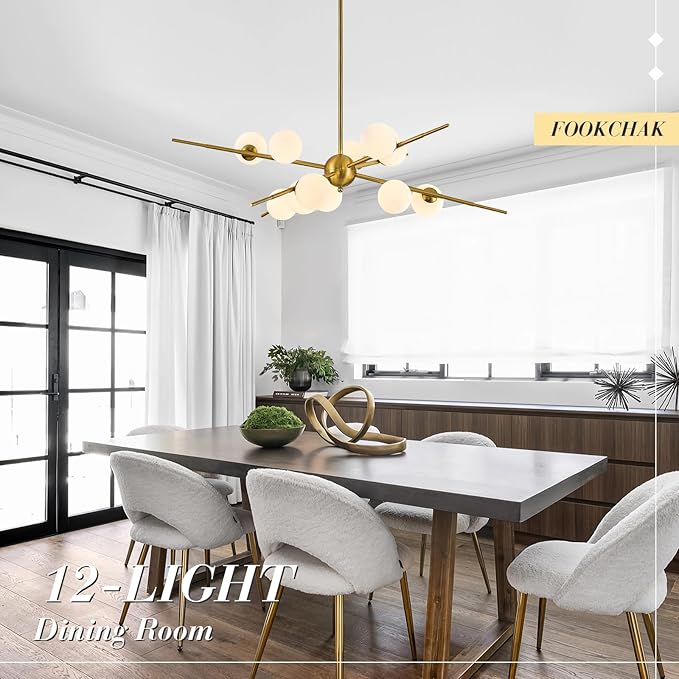 Large Gold Sputnik Chandelier 39in 12-Light Frosted Glass Chandelier Light Fixture Mid-Century Modern Molecular Chandeliers for Living Room Dining Room Foyer Kitchen Bedroom