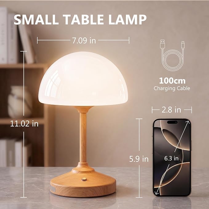 Table Lamp Cordless Lamp,5000mAh Rechargeble Battery Operated Lamp | Small Bedside Desk Lamp 11.02" with Glass Shade 3-Way Dimmable Portable LED Table Light,for Outdoor,Dinner,Patio(Wood Grain)