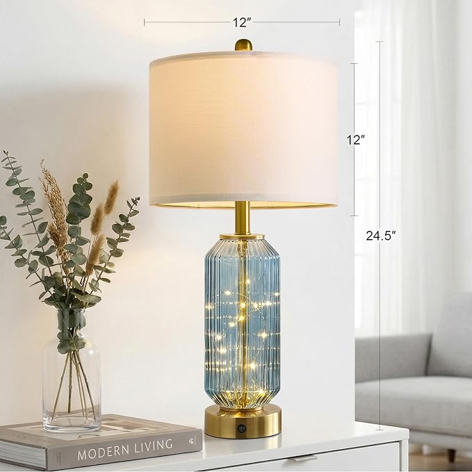 24.5" Bedside Table Lamps Set of 2, Blue Coastal Nightstand Lamps with Night Light, USB A+C Charging Ports, Glass Lamps for Bedroom, Living Room, End Table (2 Bulbs Included)