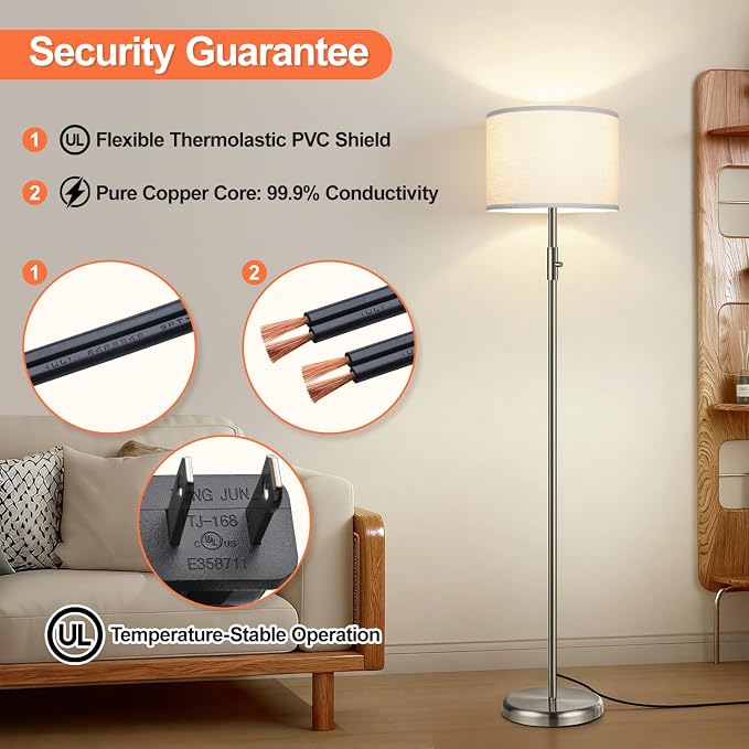 Floor Lamp Simple Design with White Shade, Small Tall Lamps for Living Room Bedroom Office Dining Room Kitchen, Sliver Pole Lamp-Sliver