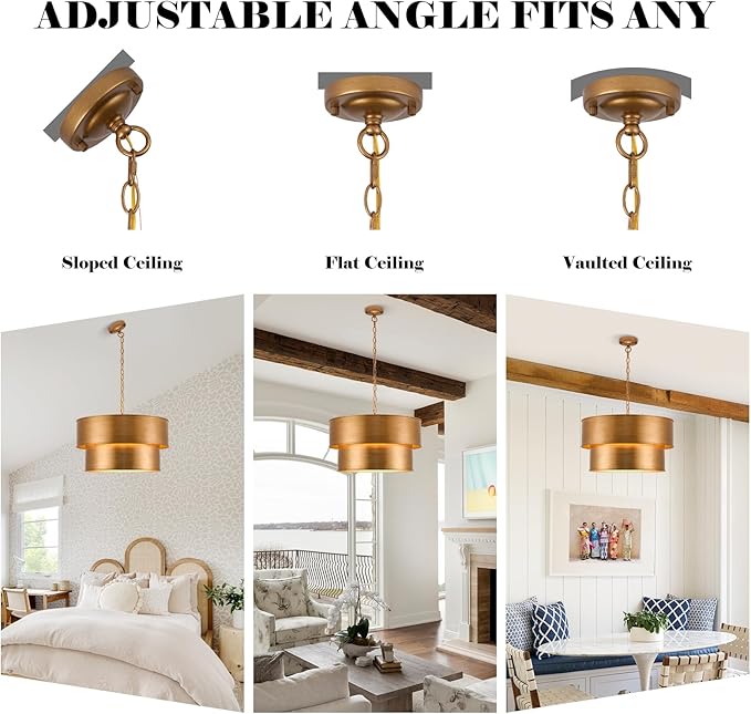 Gold Chandelier Light Fixture, 21" Drum Chandeliers with 2-Layer Antique Bronze Metal Shade, 6-Lights Large Pendant Light Fixture, Chandeliers for Dining Room Bedroom Living Room Kitchen Island Foyer