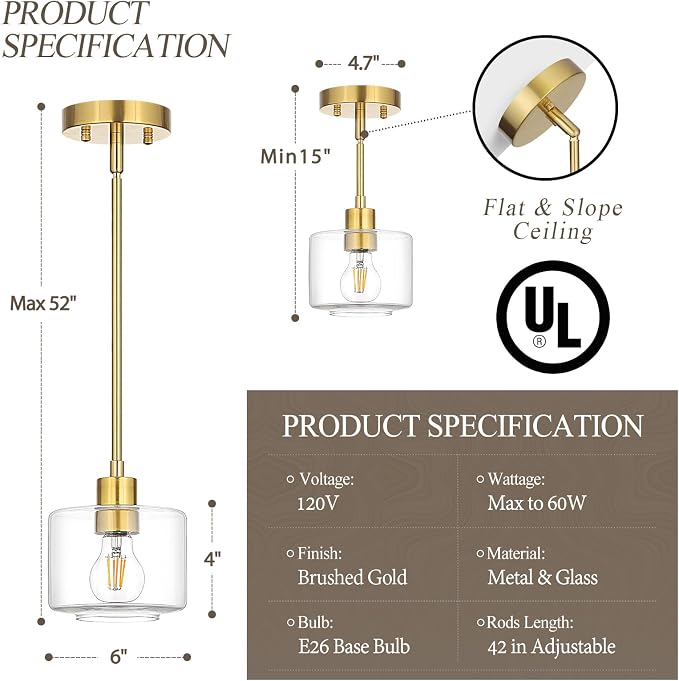 Brushed Gold Pendant Lights Kitchen Island, 1-Light Modern Clear Glass Hanging Light Fixtures with Rods, Mini Kitchen Pendant Lighting Over Island for Sink Bathroom, OS-YQ8153-1PBGC