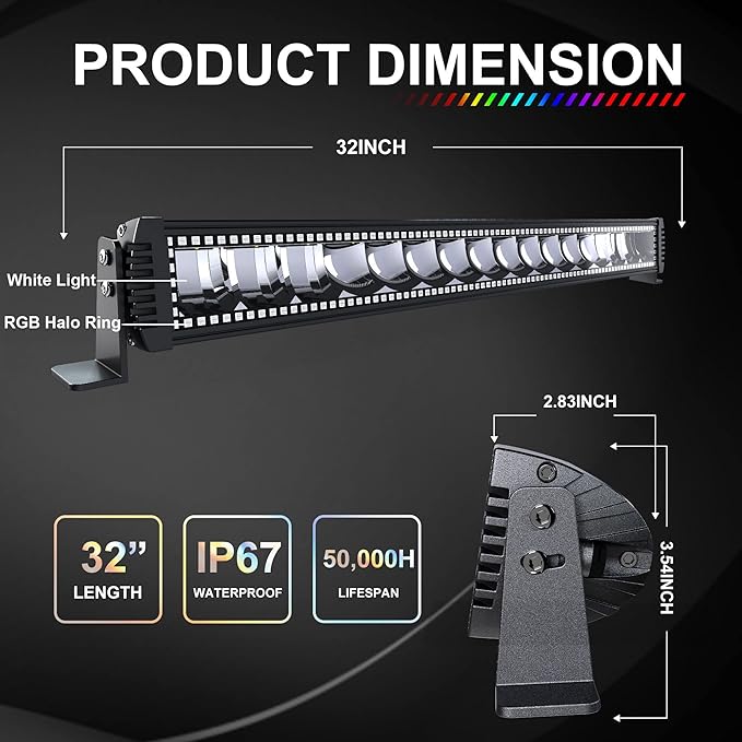 Lpteso RGBW LED Light Bar 32'' inch 180W Flood Spot Combo Beam 2PCS 4 Inch 18W Flood RGB LED Pods with 16 Solid Colors Chasing RGB Halo Ring Changing with Strobe Flashing with Rocker Switch Wiring