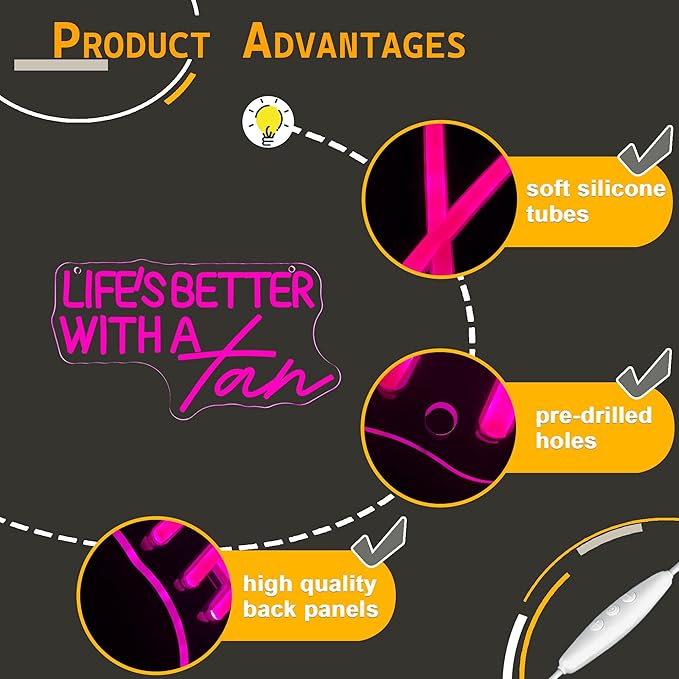 Allball Life’S Better With A Tan Neon Sign, USB Powered Dimmable LED Neon Light, for Summer Tanning Home Room Wall Decor Tropical Vacation Decor, Office Or Gift for Summer Lovers(14.1 * 7.8 In)