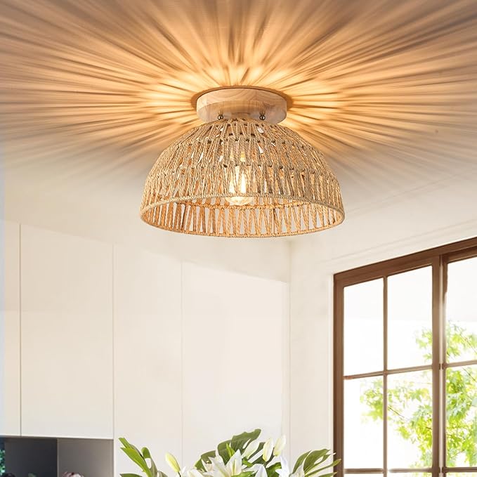 13 Inch Rattan Flush Mount Ceiling Lights Farmhouse Boho Ceiling Light Fixtures Rustic Wicker Hand Woven Rope Cage for Dining Room Kitchen Bedroom Foyer Hallway Entryway