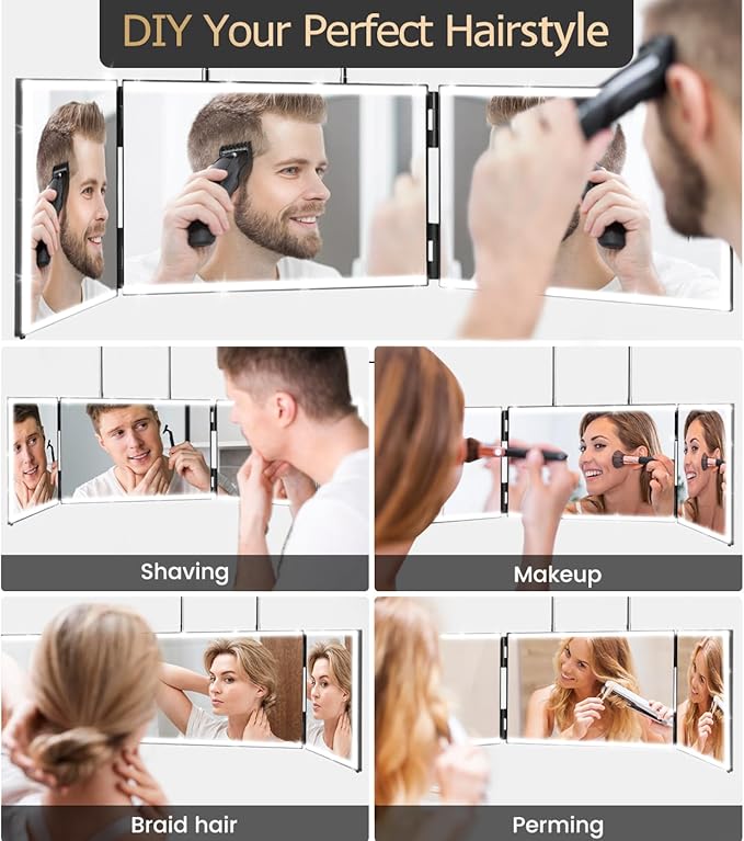 XIGETRAIL Rechargeable 3 Way Mirror for Hair Cutting with 8 Light Strips | Trifold Barber Mirror with Telescoping Hooks for Makeup, Shaving, Braiding and Styling
