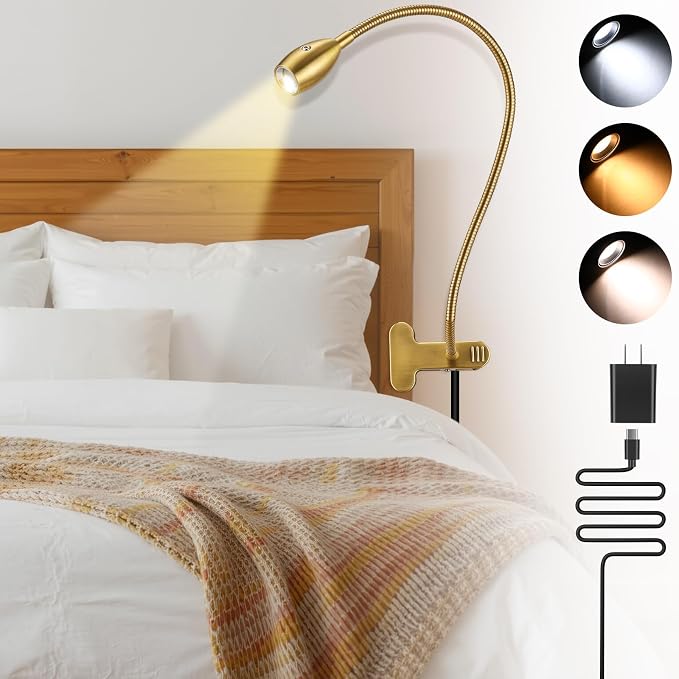 1 Pcs LED Clip on Reading Light for Bed Headboard, 3 Color Dimmable Stepless Book Light with Flexible Gooseneck Clamp Desk Lamp for Reading with USB for Bedroom, Dorms, Office, Studio (Gold)