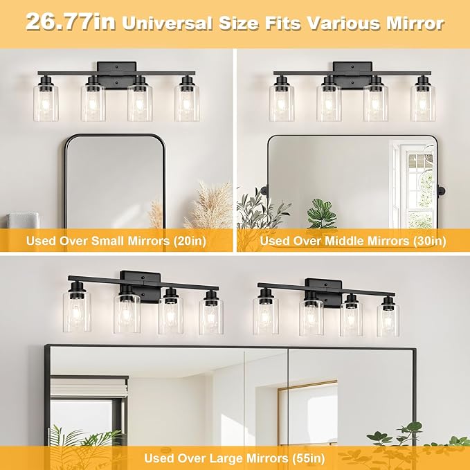 Modern Black Bathroom Light Fixtures, 4-Light Vanity Lights Over Mirror with E26 LED Bulbs Included, Wall Sconce with Clear Glass Shades for Living Room Bedroom Hallway Kitchen