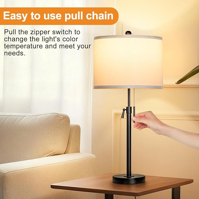 Table Lamps for Bedrooms Set of 2, 22" to 30" Height Adjustable Nightstand Lamps with Linen Shade, Pull Chain Switch Lamps for Living Room, 3 Way Dimmable Bedside Lamp