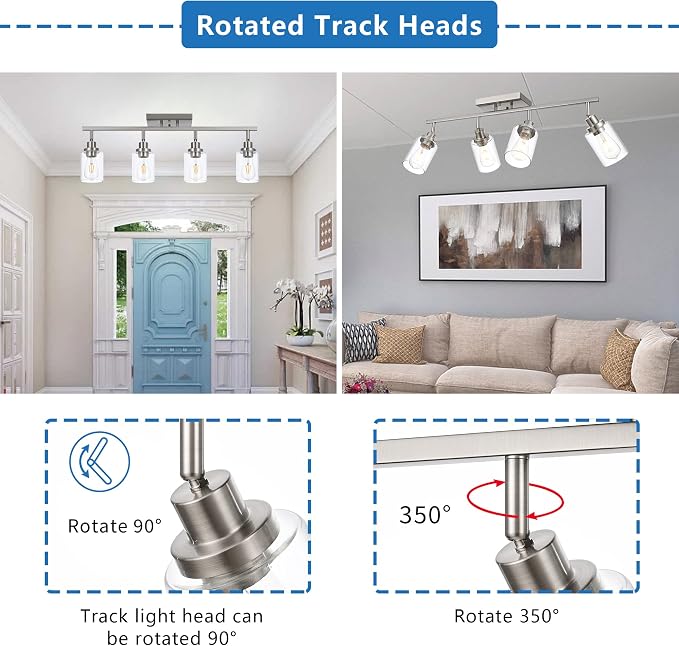 MELUCEE 4 Light Track Lighting Kit 28.7 Inch Bathroom Vanity Light Fixtures | Brushed Nickel Ceiling Spotlight Fixture for Hallway Porch Foyer Bath Storage, Clear Glass Shade