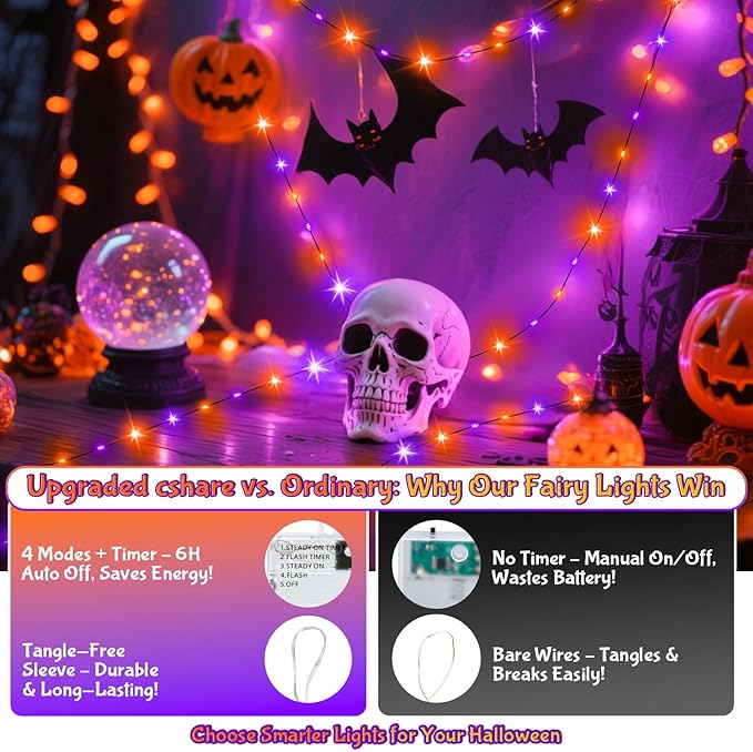 Orange and Purple Fairy Lights Battry Operated with Timer, Halloween String Lights for Outside 16.4ft 50LED Indoor Outdoor Halloween Decorations Garland Party Patio Garden Yard 2 Packs