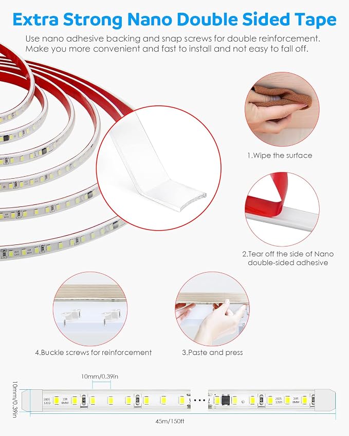 Aclorol 110V LED Strip Lights Outdoor Waterproof 150FT 1 Roll Cold White | Flexible Exterior LED Rope Lights, NO Drop Voltage 120LEDs/m, with 3ft Power Cord for Garden Patio Indoor Decorative Lighting