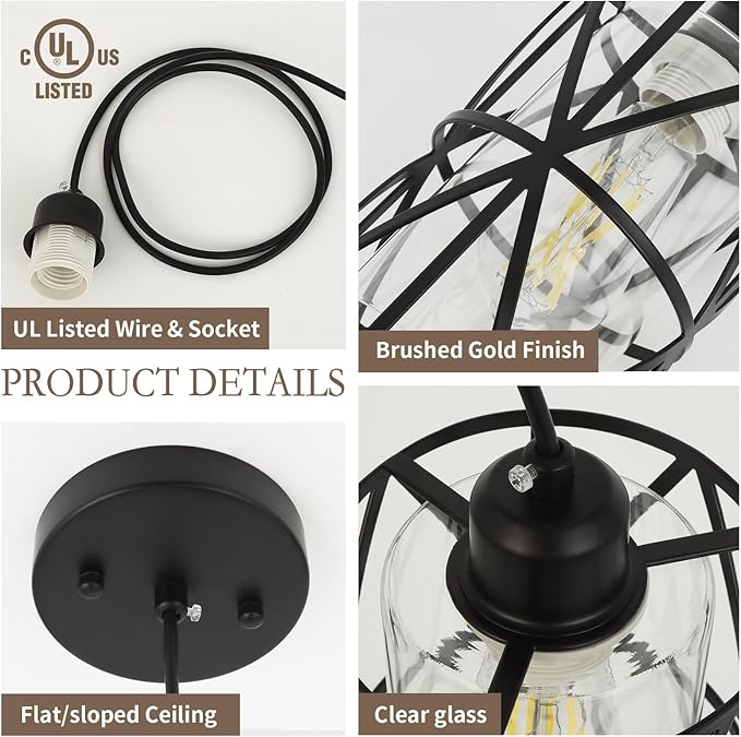 Black Pendant Lights Kitchen Island, Pendant Light with Clear Glass Shade, Modern Hanging Light Fixture, Adjustable Cord Length, Easy Install, Ceiling Light for Kitchen Island, Foyer, Dining Room