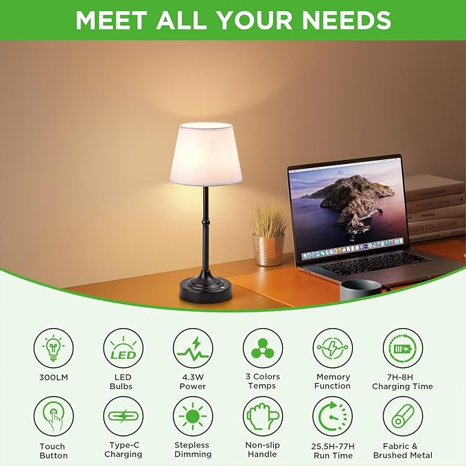 LUTEC Cordless Table Lamp, Battery Operated Lamp with 3 Color Temps and Stepless Dimming, 5200mAh Portable Rechargeable Table Lamp for Restaurant/Bedroom/Bars/Outdoor (Black)