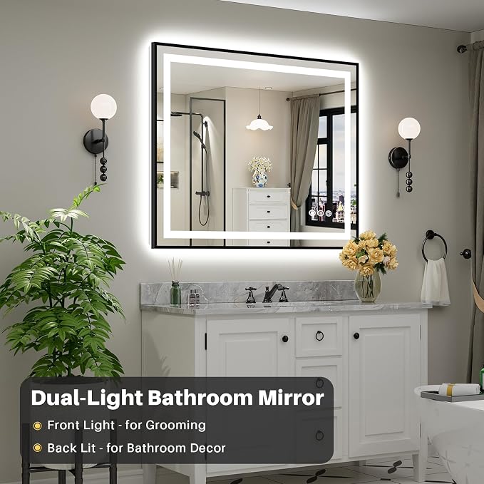 48x40 Inch LED Bathroom Mirror with Black Frame, Backlit & Front Lit | Anti-fog, 3 Color Dimmable, Memory Function, HD Reflection Tempered Glass, ETL Listed, IP54 Waterproof