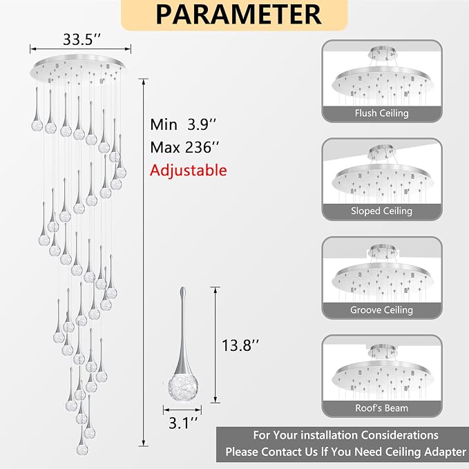 36 Light Modern Glam Crystal Chandelier for High Ceiling LED Dimmable Ceiling Pendant Light Staircase Foyer Enterway Living Room Chandelier Lighting Antique Silver