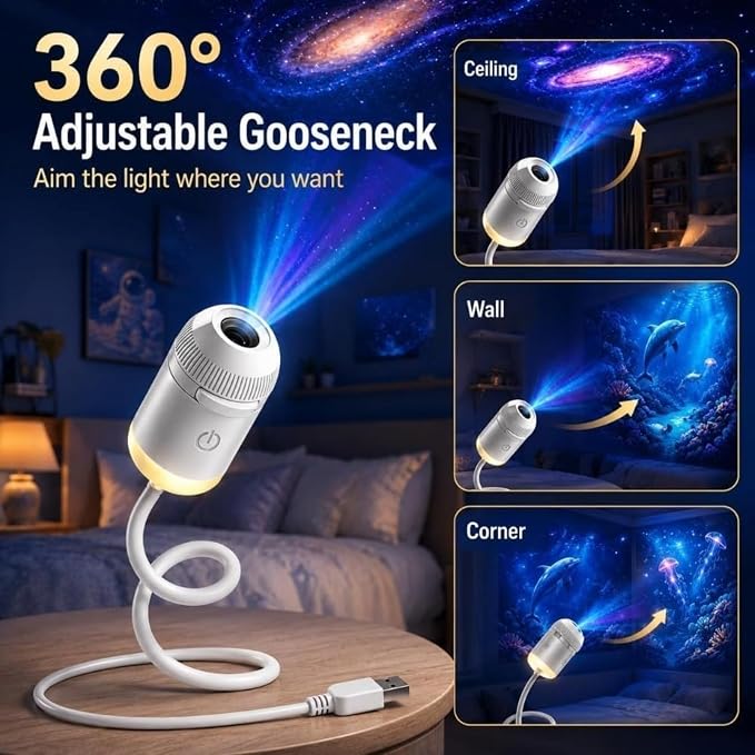 2027 New Smart Hd 5d Holographic Night Light Projector, Plug and Play Star , 360° Adjustable Hd Galaxy and Ocean Projector for Bedroom Ceiling (6Projection Films)
