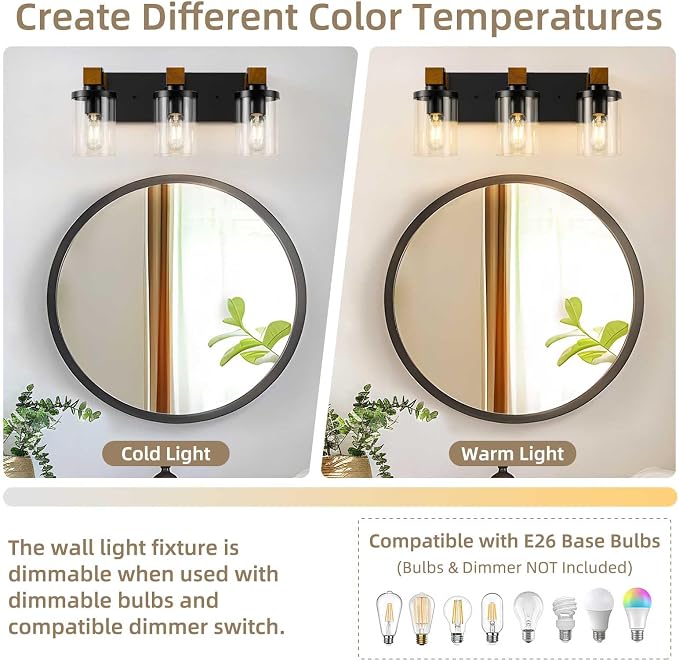 3-Light Farmhouse Bathroom Light Fixtures, Black Bathroom Vanity Light Fixtures Over Mirror, Rustic Sconces Wall Lighting with Clear Glass Shades for Living Room, Bedroom, Hallway