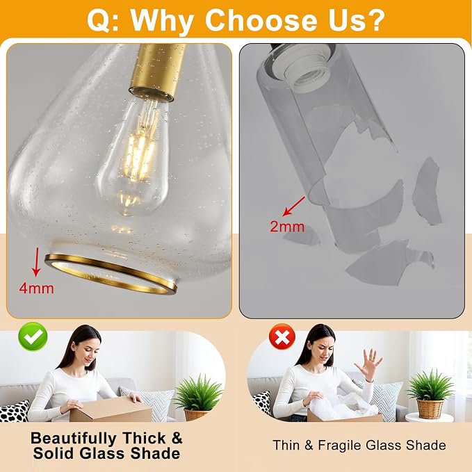 Modern Pendant Lights Kitchen Island,1 Pack Brushed Gold Pendant Light Fixtures with 8.5" Clear Air Bubble Glass Shade,Industrial Hanging Pendant Lights Fixture for Kitchen Island Dining Room Entryway