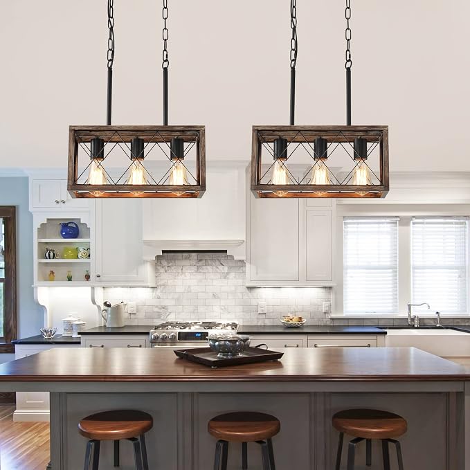 KEESFU 3-Light Farmhouse Light Fixtures, Dining Room Light Fixture | Farmhouse Kitchen Light Fixtures for Kitchen Island, Over Sink & Dining Table; Adjustable Height, Wood Grain Color;E26 Base