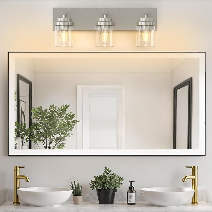 IZORRO Bathroom Vanity Light Fixture, 3-Light 22 Inch Brushed Nickel Bathroom Light Fixtures Over Mirror, with Clear Glass Shade, Modern Farmhouse Vanity Lights, Rustic Restroom Lighting Fixtures
