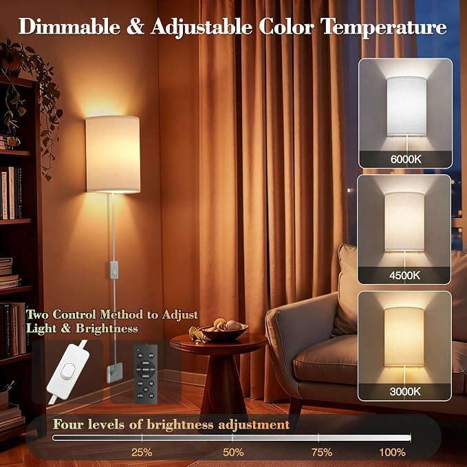 Plug in Wall Sconces Set of Two: Wall Lights with 7 RGB Colors - 3 Color Temperature Wall Mount Lamps with Remote - Fabric Linen Wall Sconc for Bedroom Living Room & Hallway- Indoor Corded Wall Sconce | 3 Color Temperature Wall Mount Lamps with Fabric ...