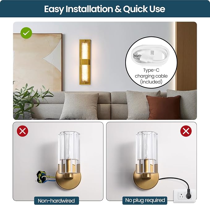 Battery Operated Resin Wall Sconce - Wireless Rechargeable Gold Wall Light Dimmable LED Remote Wall Sconces Lighting Modern Cordless Brushed Brass Vanity Light Fixture for Living Room Bedroom Bathroom
