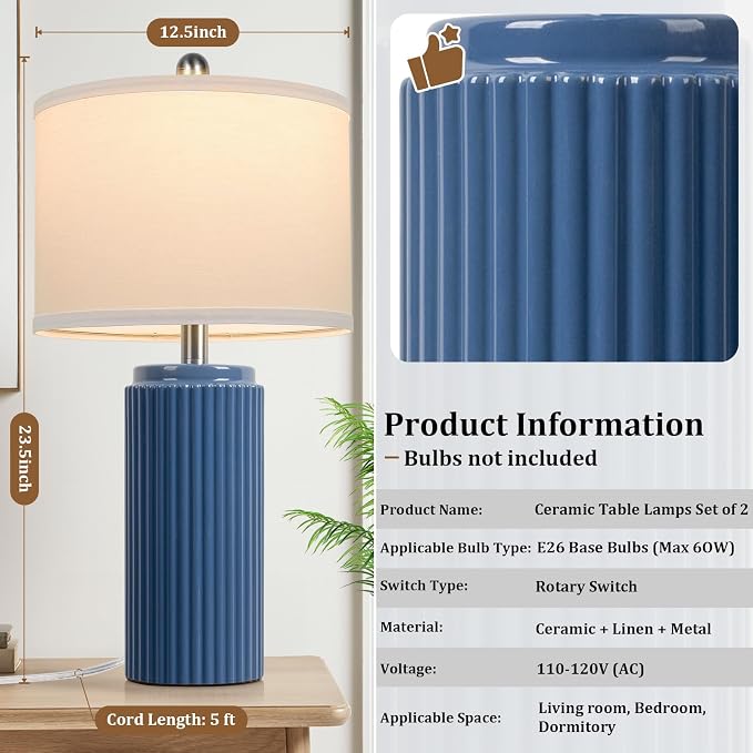 23.5" Blue Ceramic Table Lamps Set of 2, Modern Nightstand Lamps | Bedside Table Lamps with White Linen Shade, Ideal Size, Farmhouse Home Decor for Living Room Bedroom Office End Table Dorm