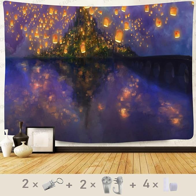 F-FUN SOUL Night Castle Tapestry, 60x60inchs Soft Flannel, Cartoon Castle lantern Fuzzy Pattern Wall Hanging Tapestries for Bedroom Living Room Decor GTOKFS0775