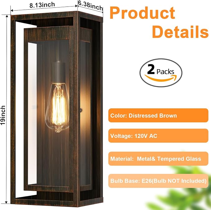 19" Large Outdoor Wall Light Fixtures,Distressed Brown Porch Light | Large Size, Anti-Rust, Waterproof, Tempered Glass, Easy Installation,2Pack Modern Exterior Sconces for House Garage