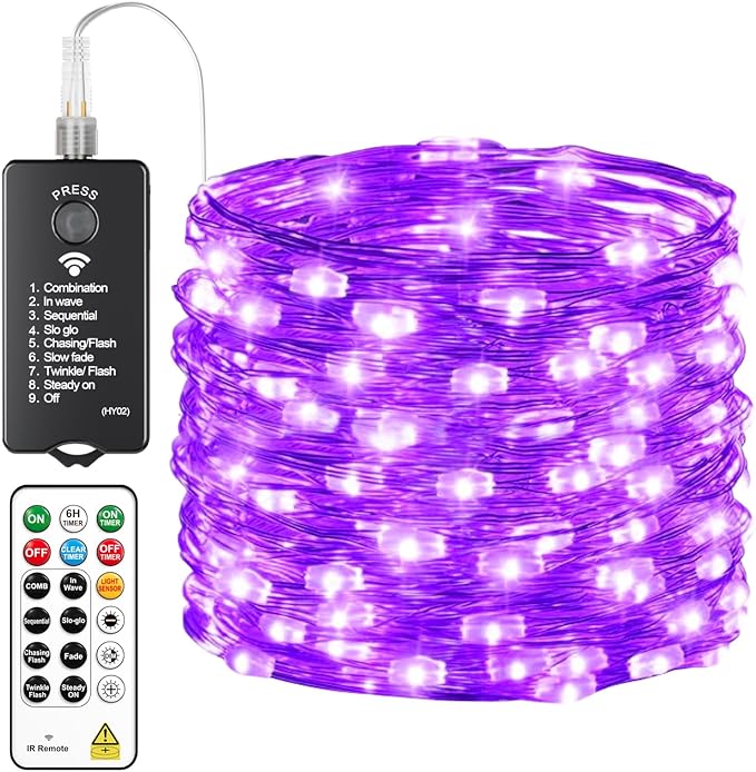ZSJWL Rechargeable Fairy Lights with Remote，66ft 200 LED Outdoor Battery String Lights with DIY Timer & Light Sensor, Waterproof Dimmable Twinkle Light for Tree Christmas Indoor, Purple