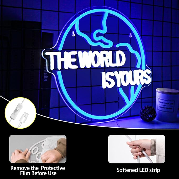 The World Is Yours Neon Sign Bedroom Led Wall Decor Kids Game Club for Man Cave Hanging Neon Lights for Office Graduation Party Birthday Gifts